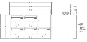 RENZ Briefkastenanlage Aufputz, Tetro, Edelstahl V4A, Kastenformat 370x330x100mm, 5-teilig